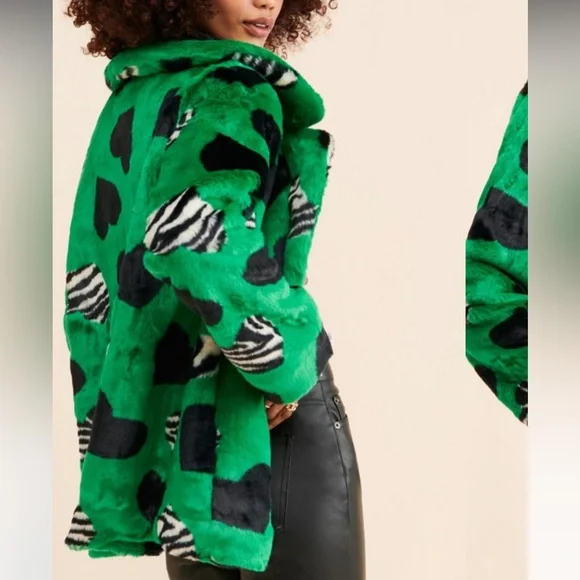 Maeve by Anthropologie Faux Fur Coat Green Black Multi Hearts Sz Medium NWT - Picture 2 of 16